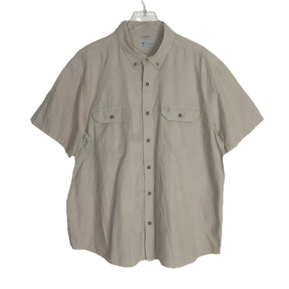Carhartt Men‎ Shirt 2XL Relaxed Fit Heavy Cotton Short Sleeve Shirt Beige FLAW